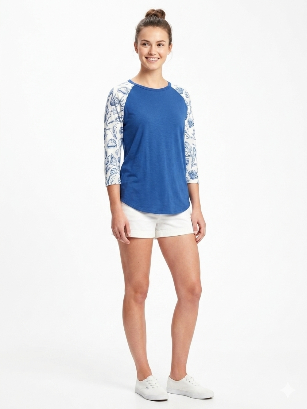 Blue Raglan Sleeve Women's Top with Printed White Sleeves